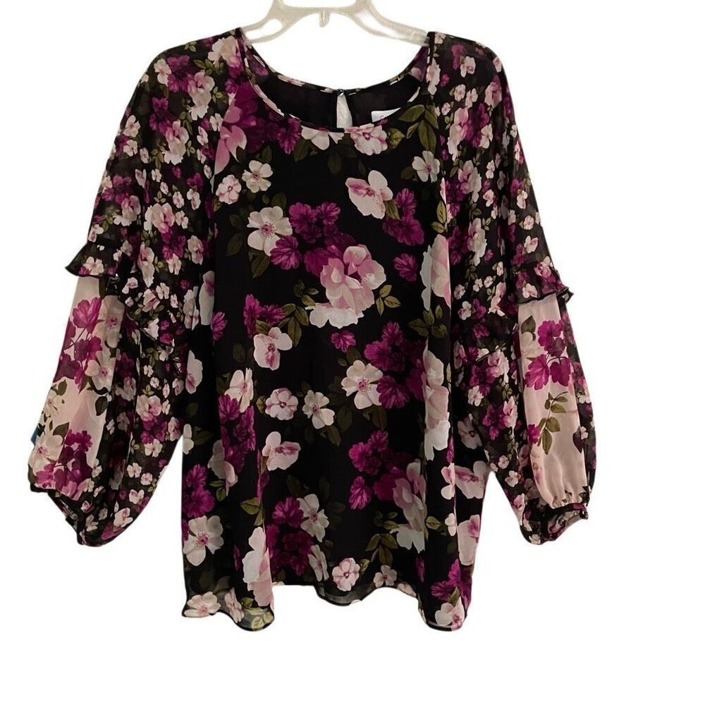 Calvin Klein floral balloon sleeve blouse women’s 1X lined black pink & purple‎